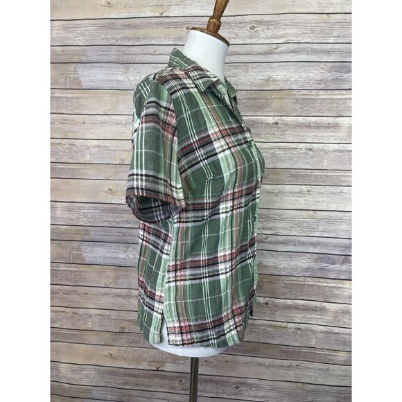 Baxter & Wells Small NWT Plaid Button Front Blouse Green Pink Short Sleeve Top - Picture 7 of 10